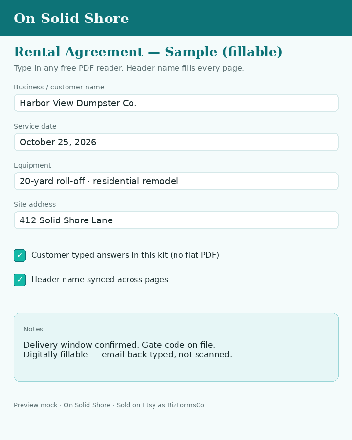 Sample filled On Solid Shore form preview — typed fields in a free PDF reader
